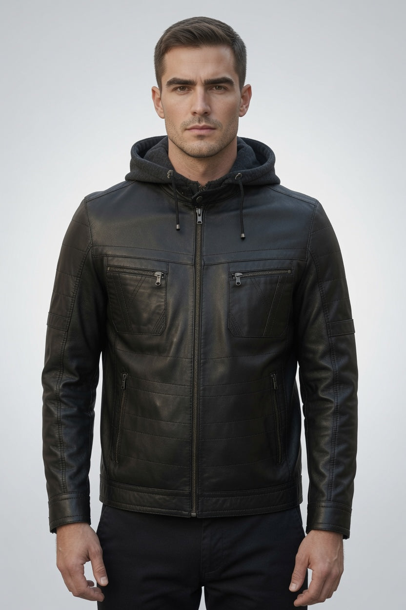 Winter Black Hoodie Leather Jacket For Men