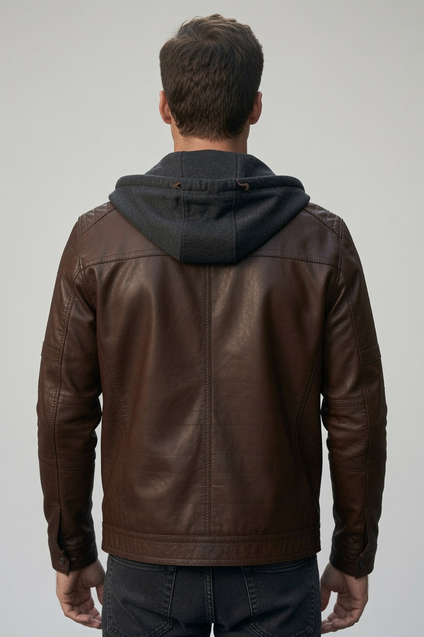 Winter Brown Leather hoodie Jacket For Men