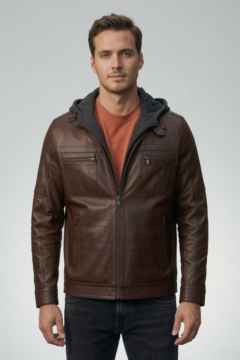 Winter Brown Leather hoodie Jacket For Men
