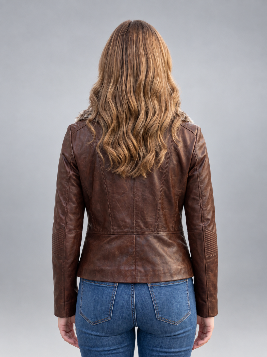 Women Dark Brown Chestnut Leather Jacket with Fur Collar
