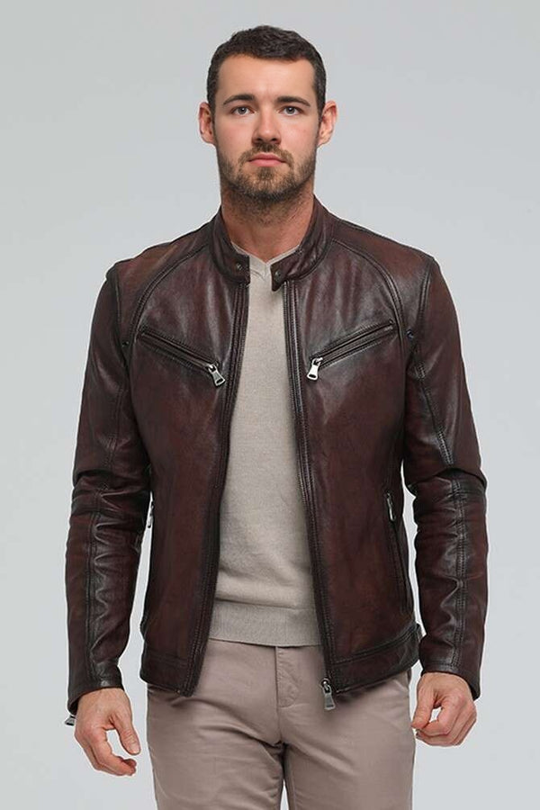 Biker Racer Dark Brown Leather Jacket For Men