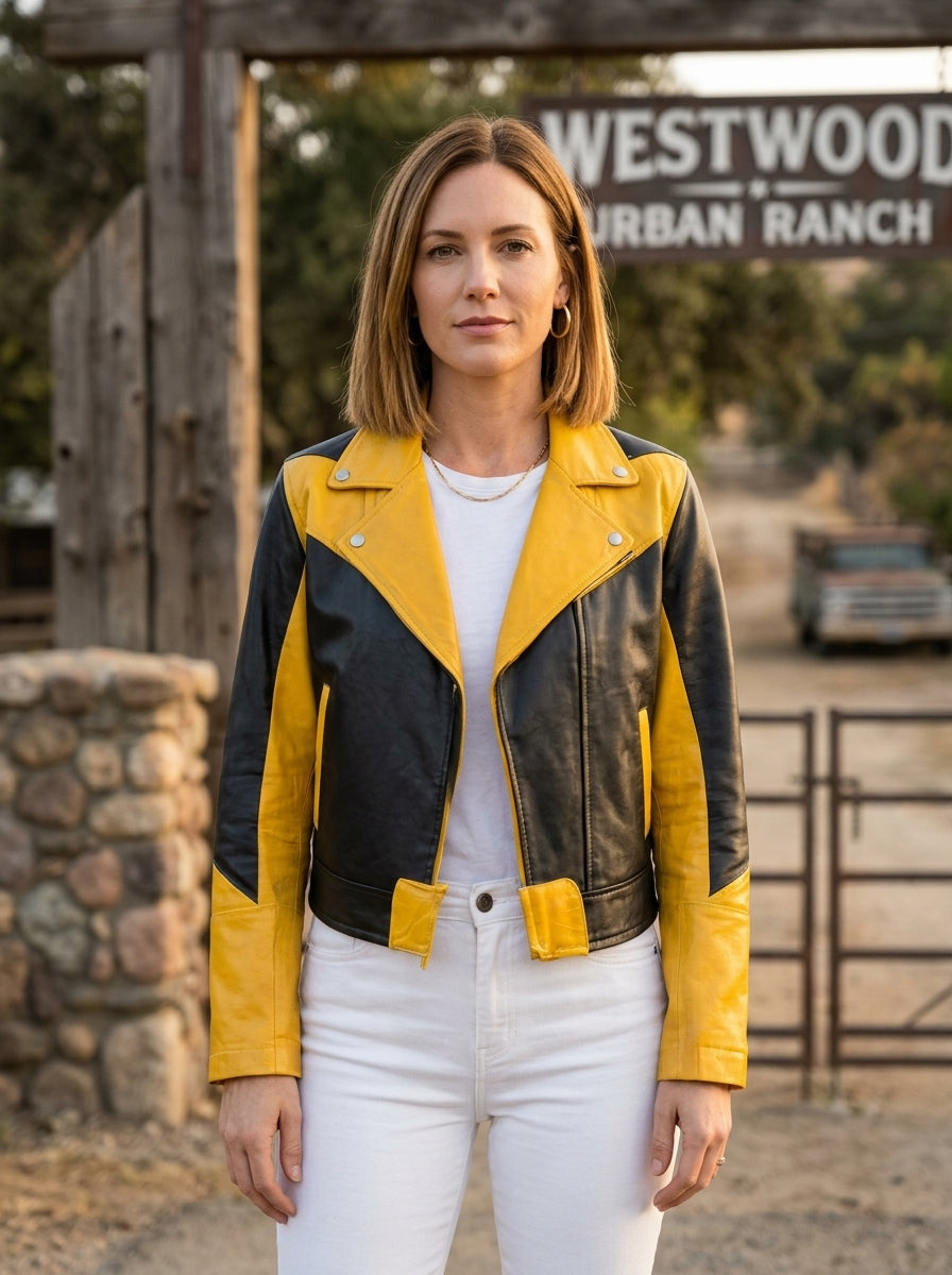Yellow & Black Leather Jacket For Women