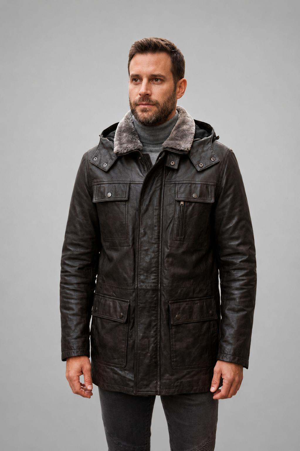 Zane Dark Brown Lather Coat With Hood For Men