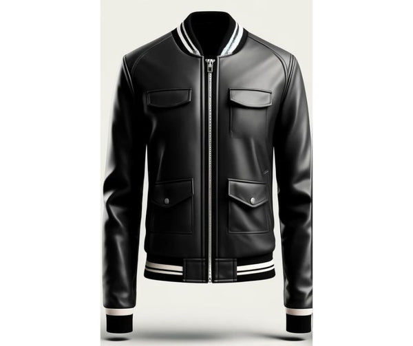 Black Slim Fit Bomber Leather Jacket For Men