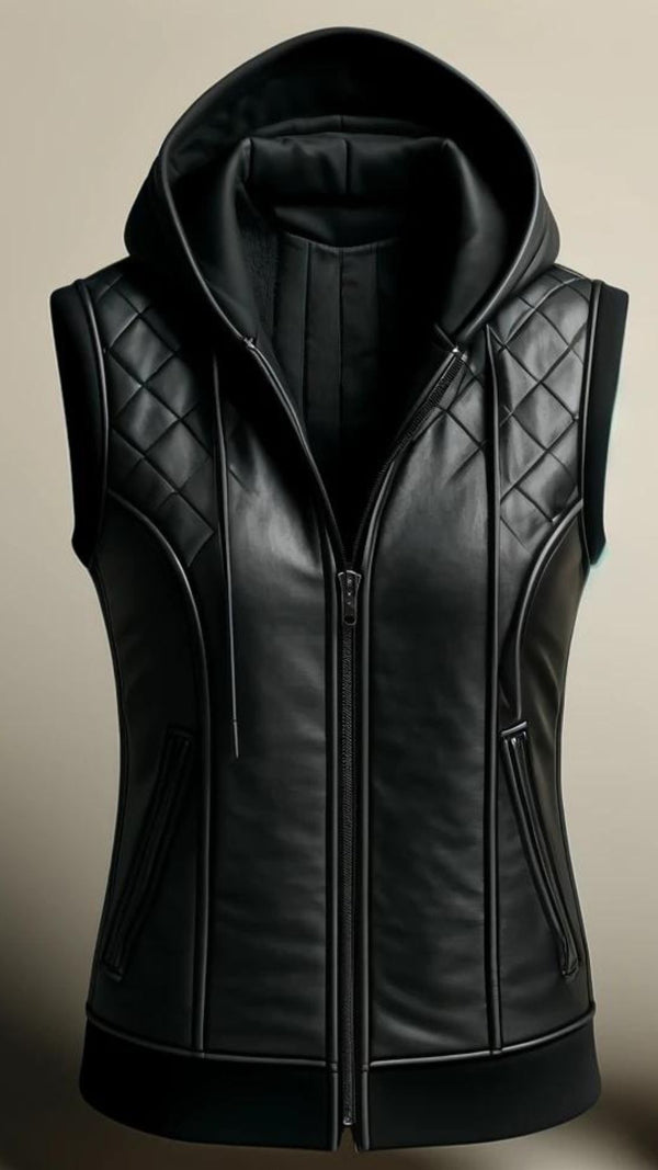 Black Quilted Vest Leather With Hood For Women