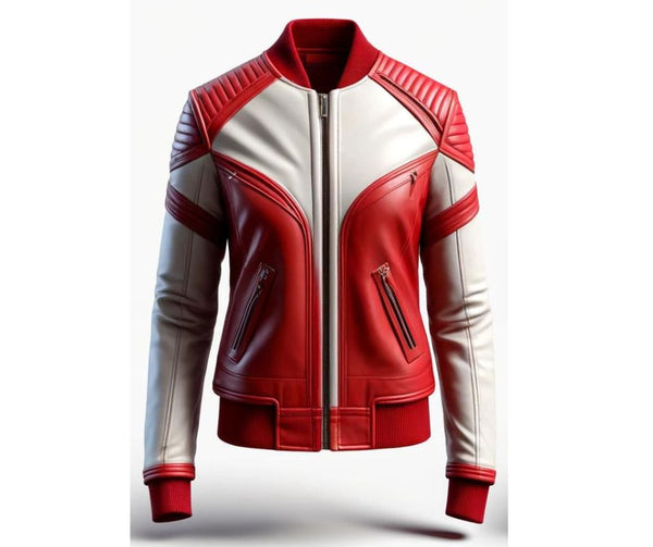 Bomber Red And White Leather Jacket For Women