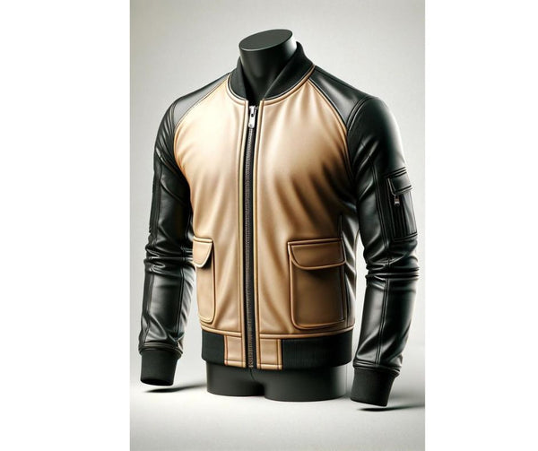 Skin Color And Black Bomber Leather Jacket For Men