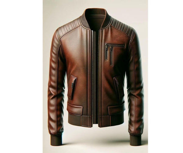 Brown Quilted Bomber Leather Jacket For Men