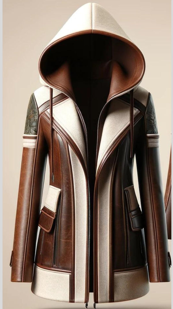 Women Brown Leather Coat With Hoodie