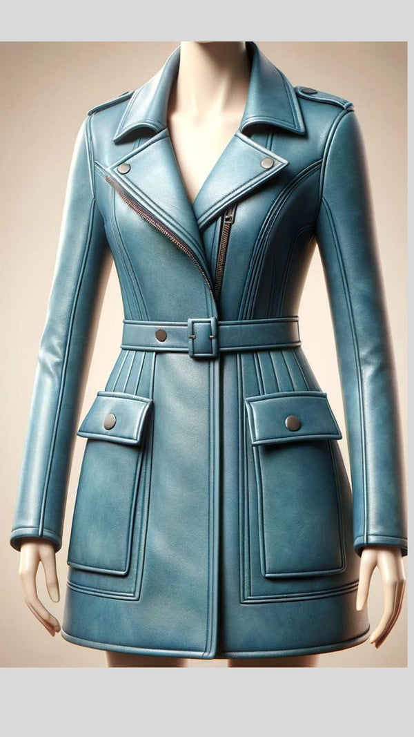 Skyblue Unique Leather Coat For Women