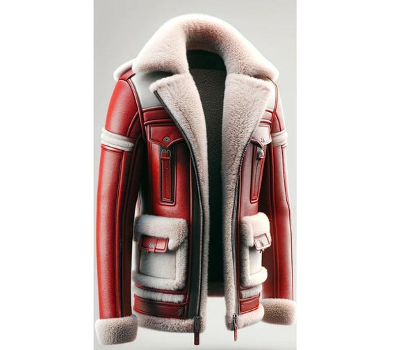 Red Stylish With White Fur Leather Jacket For Men