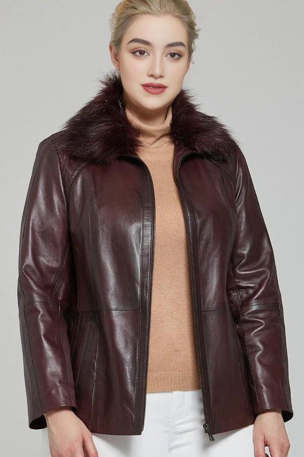 Gemma Dark brown Leather Jacket For Women with Fur Collared