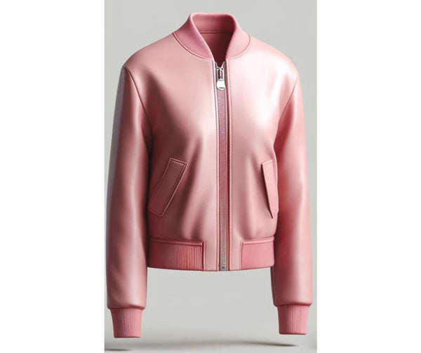 Pink Slim Fit Bomber Leather Jacket For Women