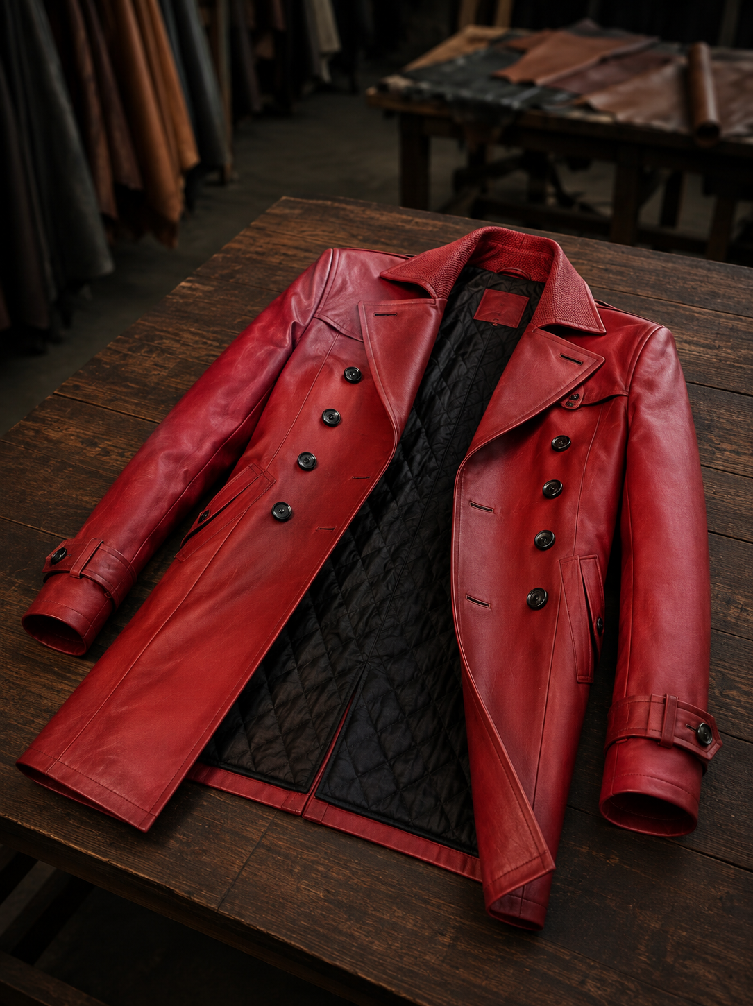 Red Trench Winter Leather Coat For Men