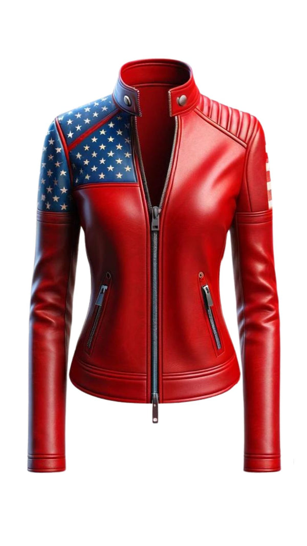 Women Red Leather Jacket With American Flag