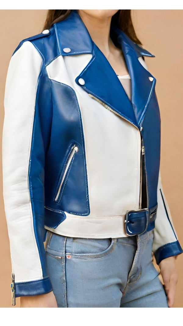 Ehlia Blue & White Stylish Leather Jacket For Women