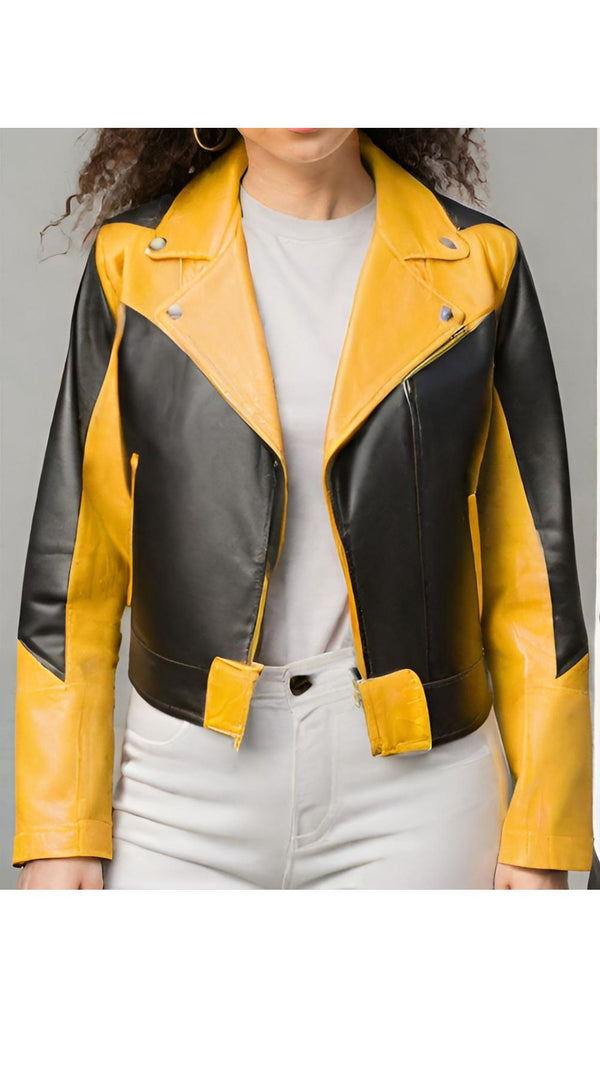 Yellow & Black Leather Jacket For Women