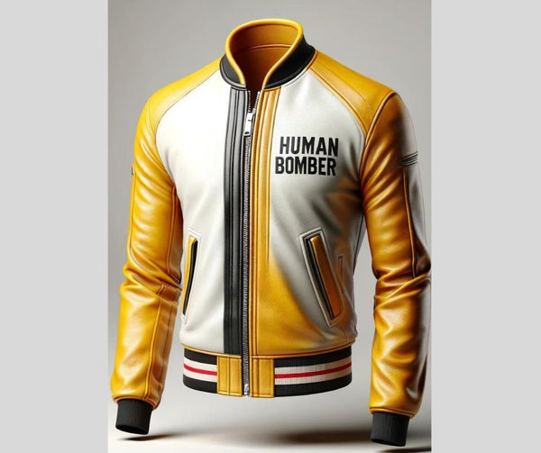 Men Yellow Bomber Cafe Racer Leather Jacket