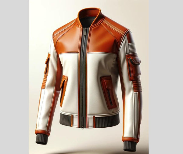 Orange & White Bomber Leather Jacket For Men