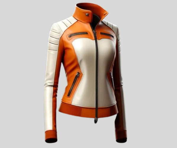 Maxicon Orange & White Bomber Leather Jacket For Women