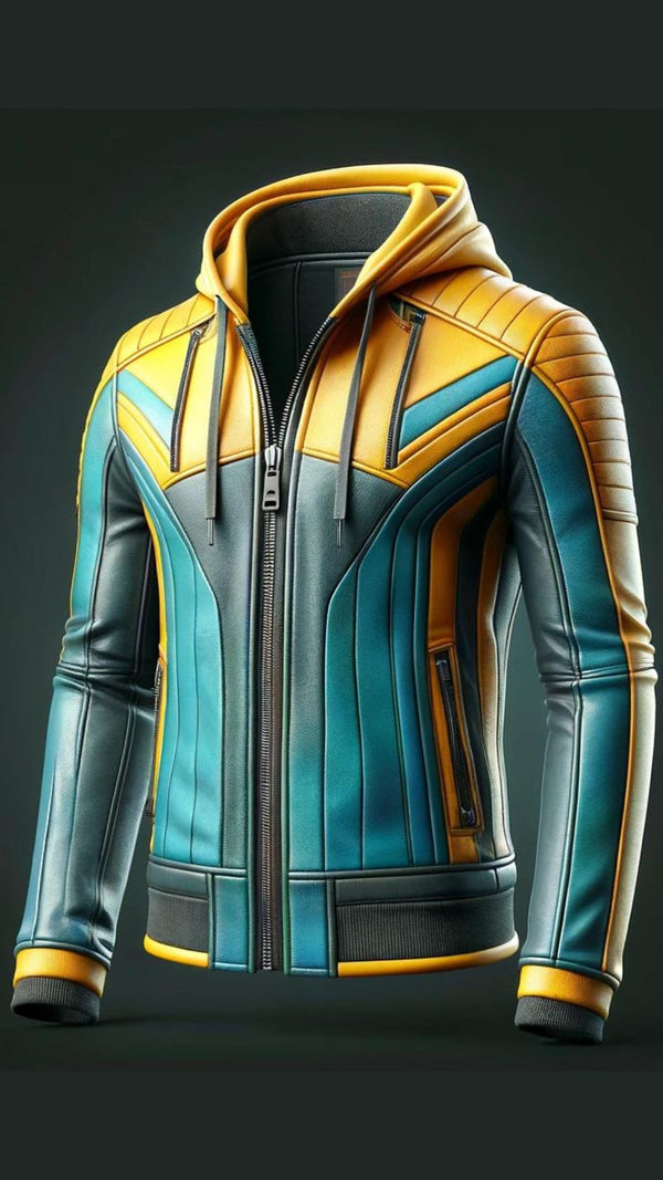 Heavy Bike Rider Yellow & Skyblue Leather Jacket For Men