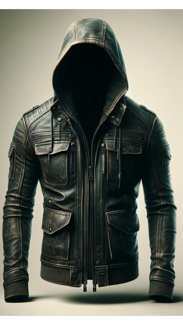 Hooded Black Distressed Leather Jacket For Men