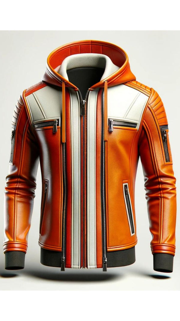 Orange White Leather Jacket For Men