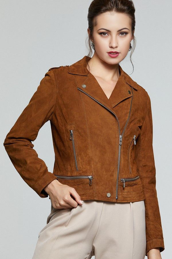 Brown Suede Biker Leather Jacket For Women