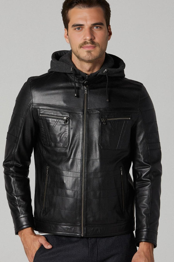 Winter Black Hoodie Leather Jacket For Men