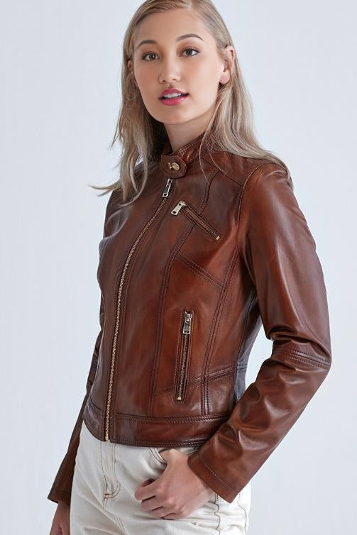 Burnt Seinna Women Brown Leather Jacket