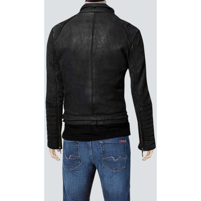 Black Bomber Leather Jacket With Stylish Sleeve For Men