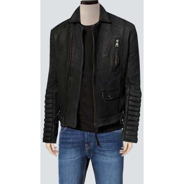Black Bomber Leather Jacket With Stylish Sleeve For Men