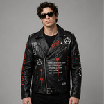 Printed Punk Rock Biker Jacket | Anarchy Symbol & Russian Text