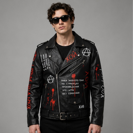 Printed Punk Rock Biker Jacket | Anarchy Symbol & Russian Text