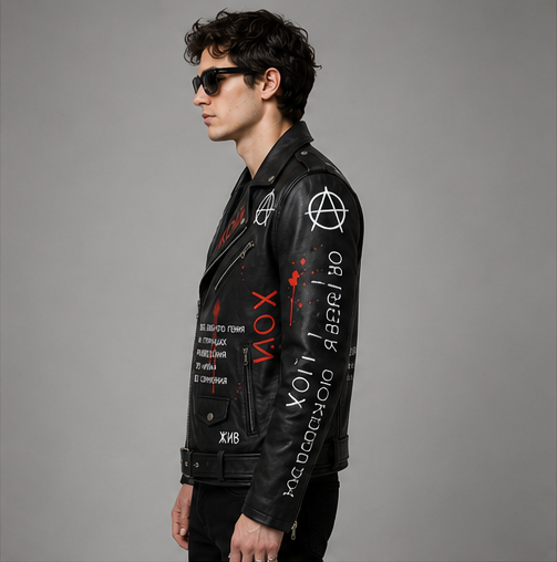 Printed Punk Rock Biker Jacket | Anarchy Symbol & Russian Text