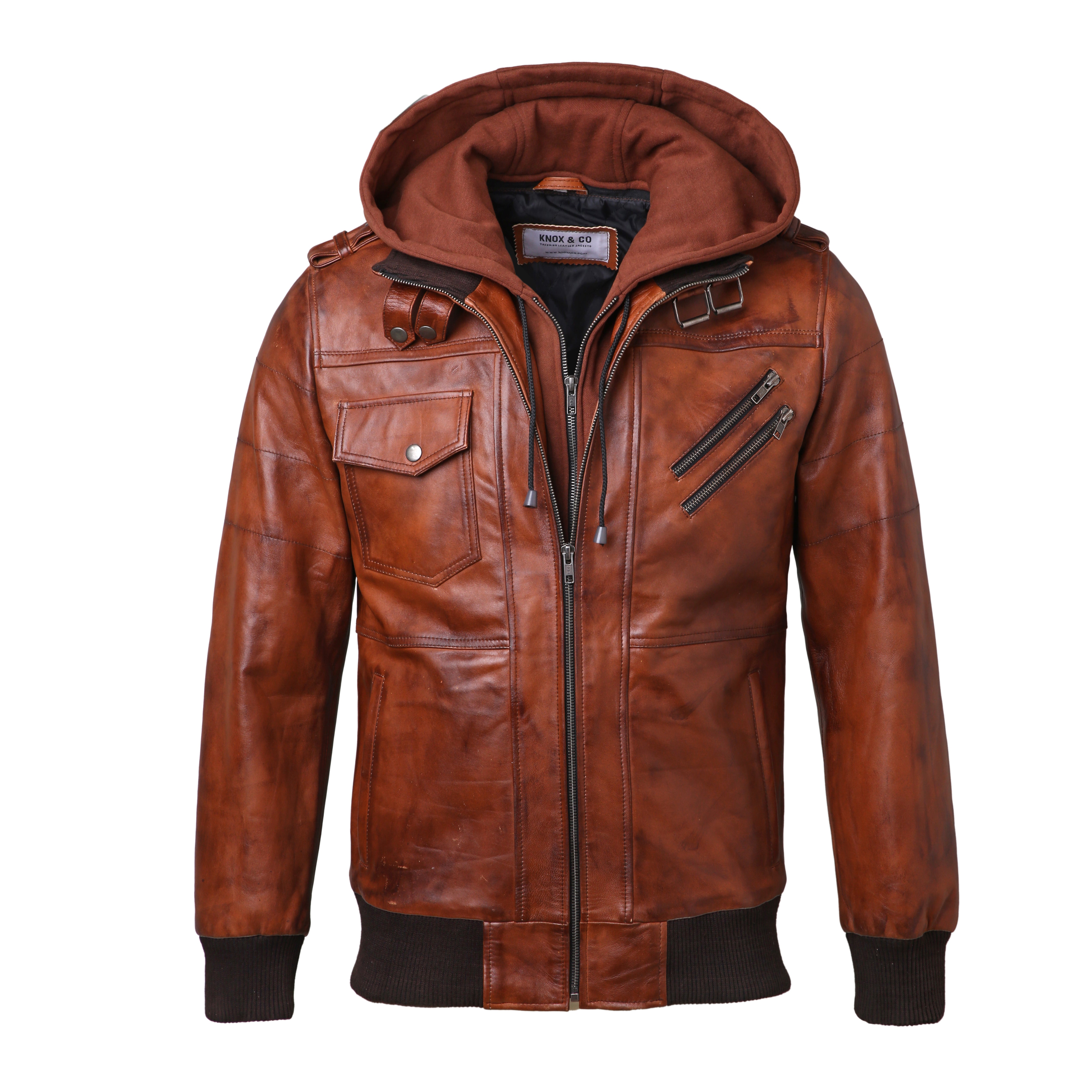 Averon Cognac Brown Hooded Leather Jacket