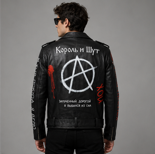 Printed Punk Rock Biker Jacket | Anarchy Symbol & Russian Text