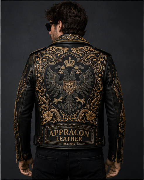 Double Printed -Headed Eagle Moto Leather Jacket