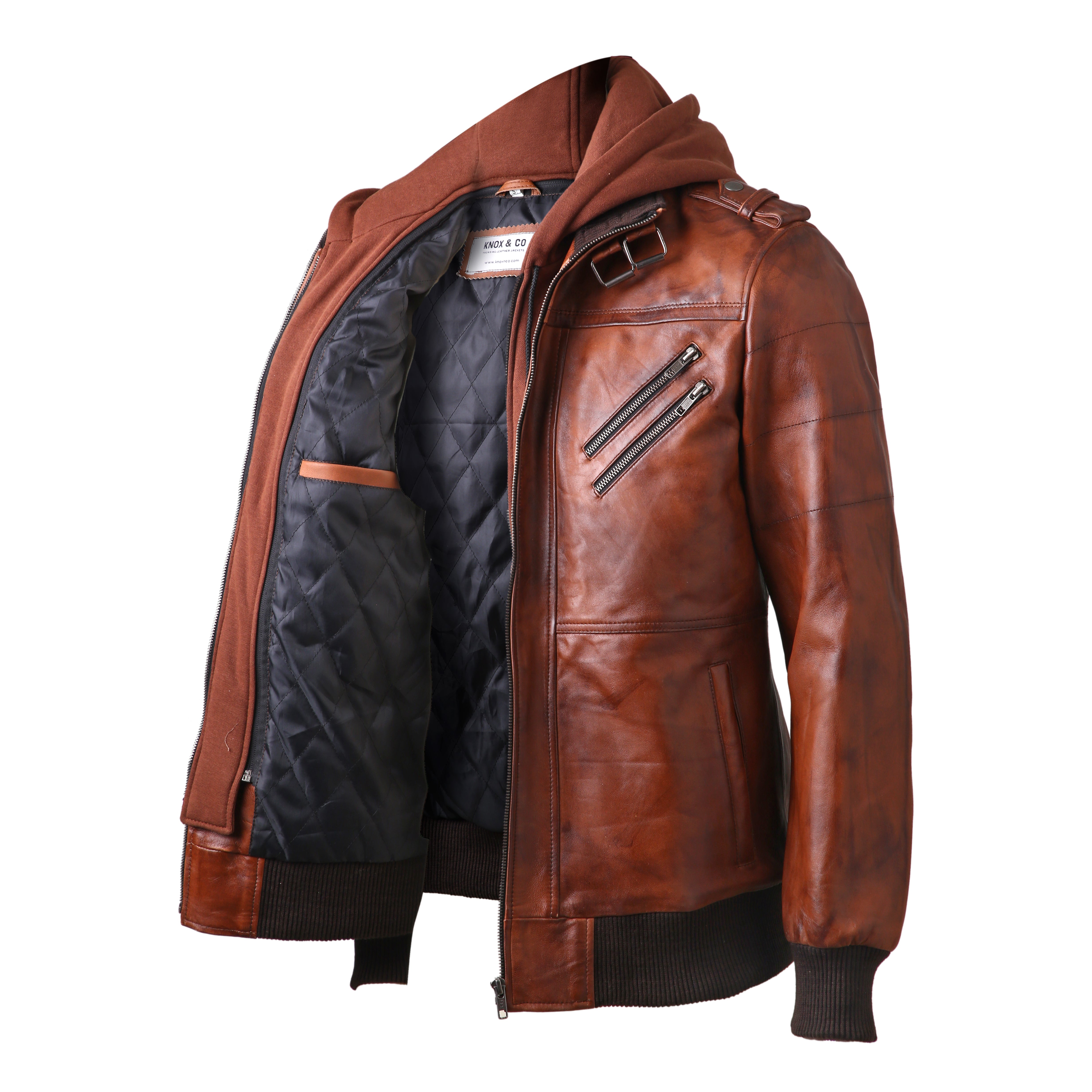 Averon Cognac Brown Hooded Leather Jacket