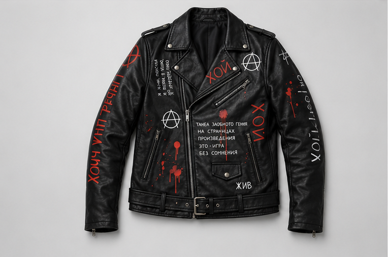 Printed Punk Rock Biker Jacket | Anarchy Symbol & Russian Text