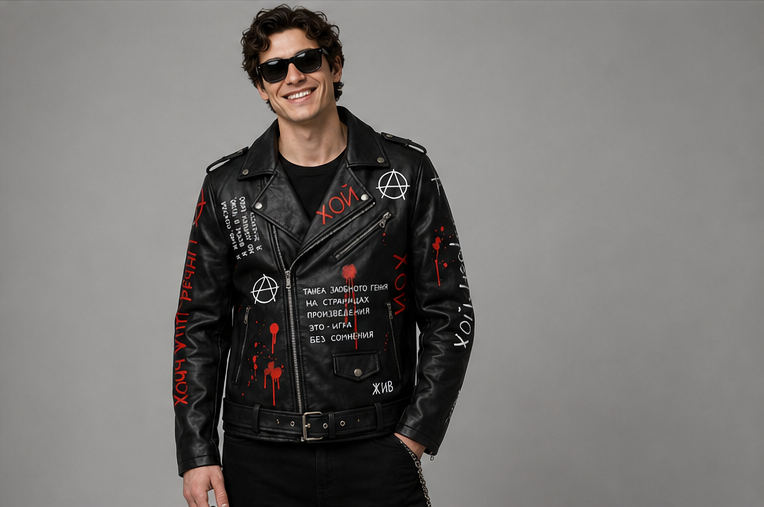 Printed Punk Rock Biker Jacket | Anarchy Symbol & Russian Text