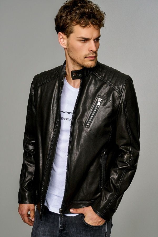 Casual Quilted Black Leather Jacket For Men