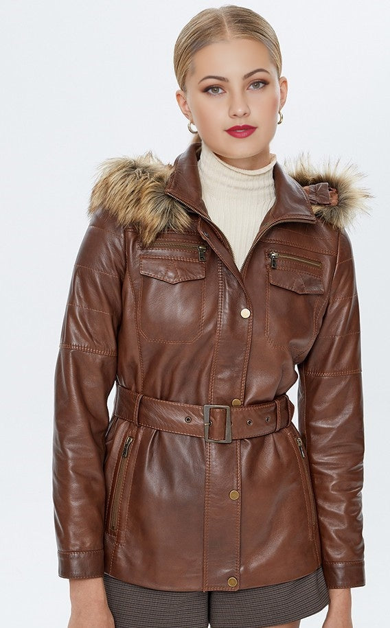 WOMEN WAXED BROWN LEATHER COATS WITH FUR HOOD