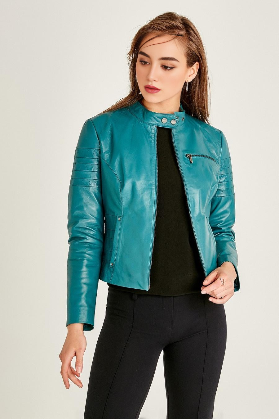 Azure Stylish Blue Leather Jacket For Women