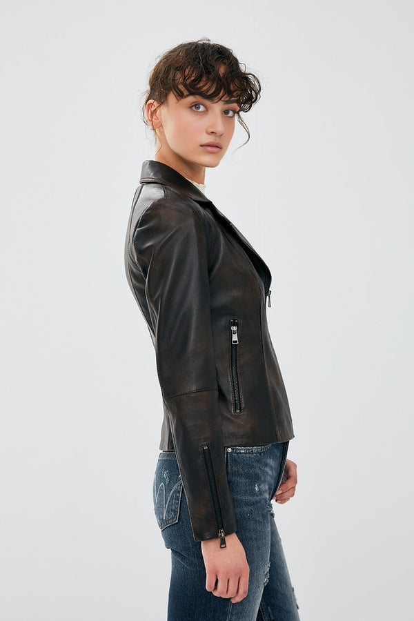Natalie Distressed Black Waxed Sheepskin Leather Jacket