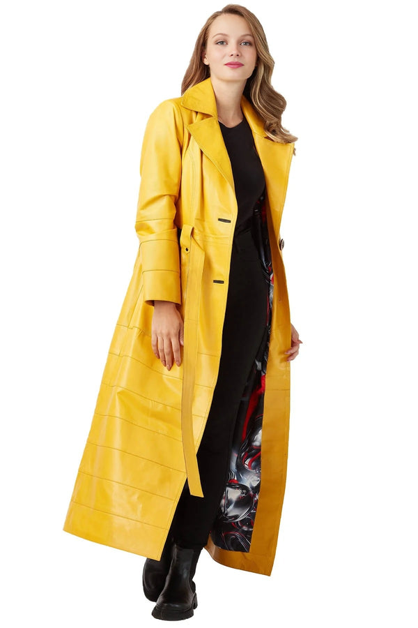 Mary Long Yellow Leather Coat With Center Belt For Women