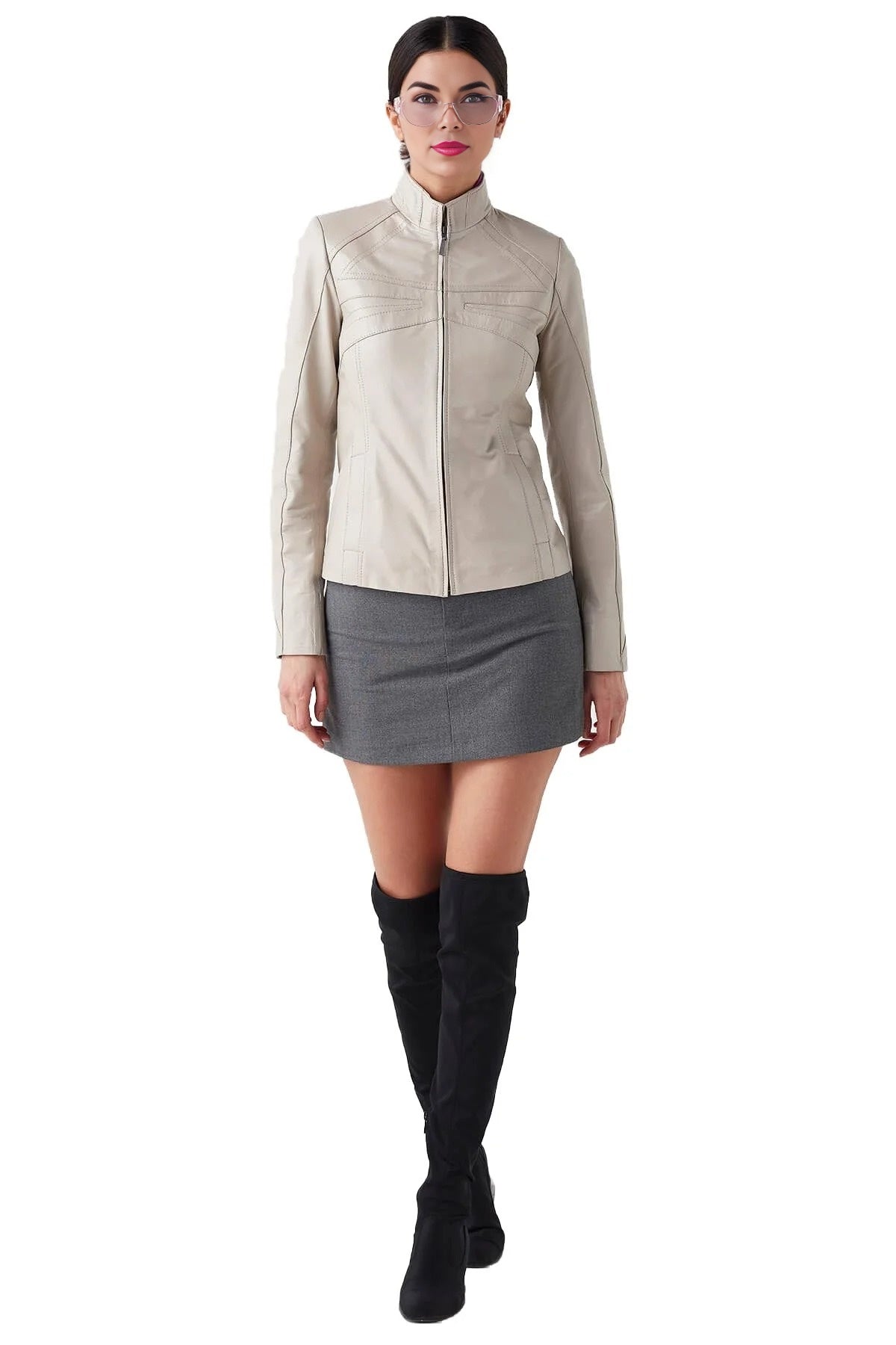 Penelope Beige Leather Jacket For Women