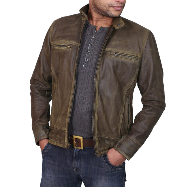 Triple Stitch Brown Leather Jacket For Men