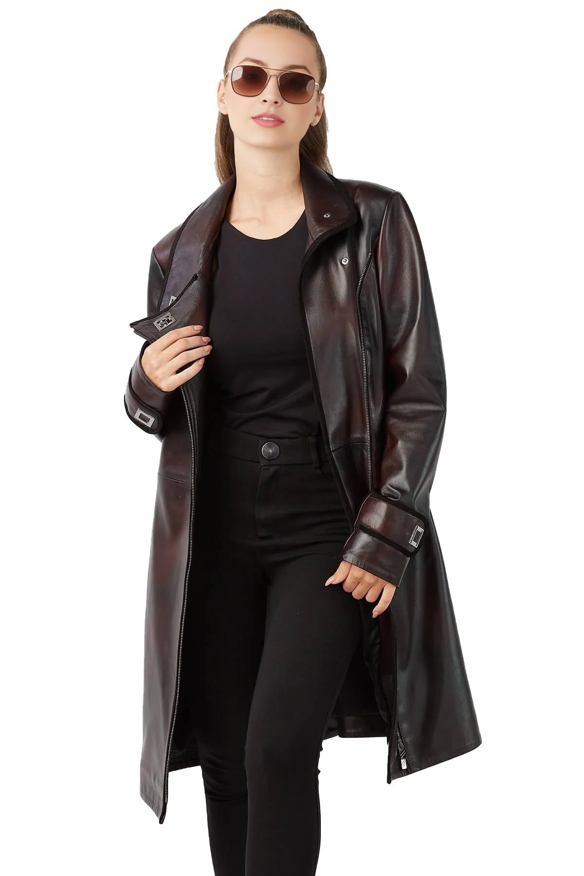 Frances Long Brown Leather Coat For Women