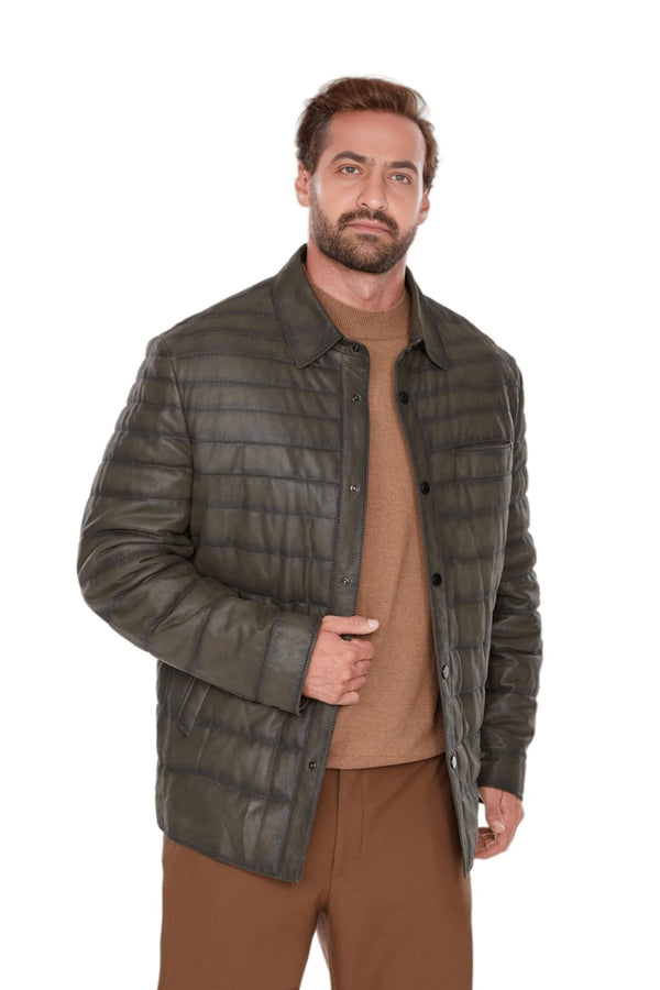 Jack Green Puffer Leather Jacket For Men